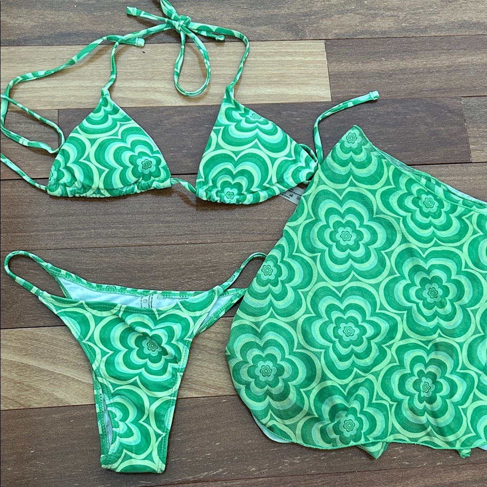 Green Floral Bikini Set with Sarong